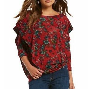 Free People Dock Street Red Combo Floral Ruffle Lightweight Long Sleeve Top S